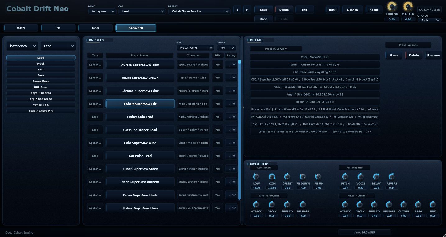 Cobalt Drift Neo browser page